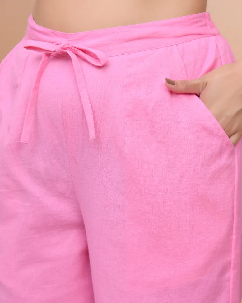 Women Pink Cotton Flax Solid Straight Pants (Set of 5 Pc)