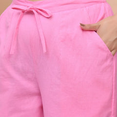 Women Pink Cotton Flax Solid Straight Pants (Set of 5 Pc)