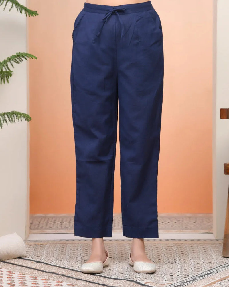 Women Cobalt Blue Cotton Flax Solid Straight Pants (Set of 5 Pc)