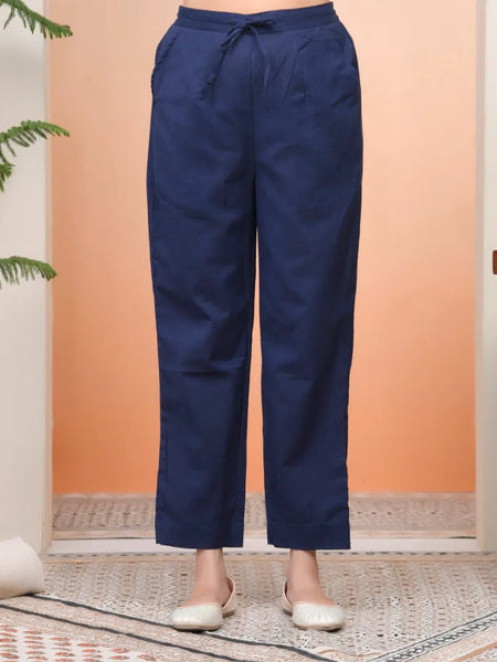 Women Cobalt Blue Cotton Flax Solid Straight Pants (Set of 5 Pc)