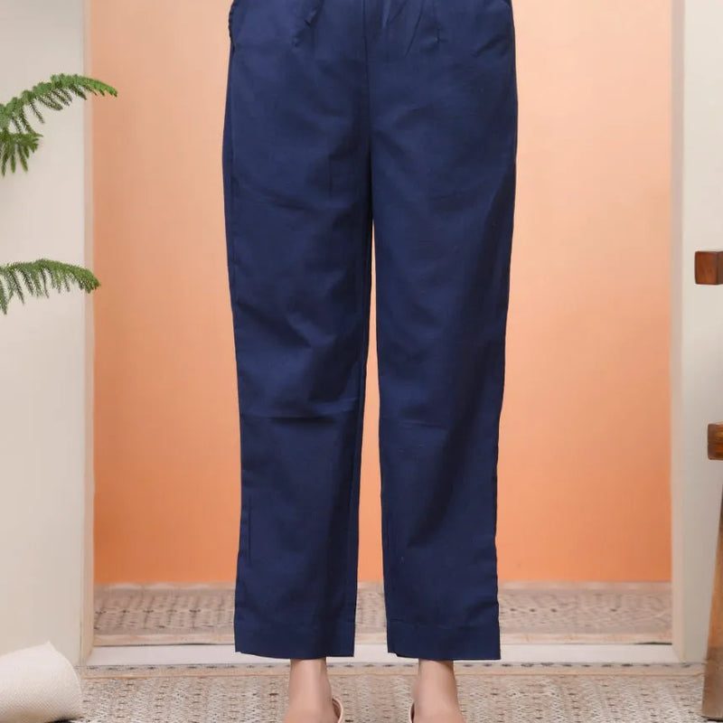Women Cobalt Blue Cotton Flax Solid Straight Pants (Set of 5 Pc)