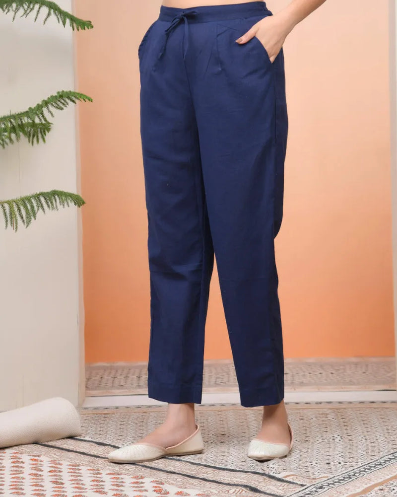 Women Cobalt Blue Cotton Flax Solid Straight Pants (Set of 5 Pc)