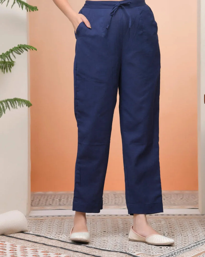 Women Royal Blue Cotton Flax Solid Straight Pants (Set of 5 Pc)