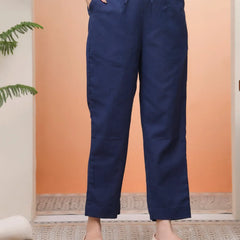 Women Royal Blue Cotton Flax Solid Straight Pants (Set of 5 Pc)