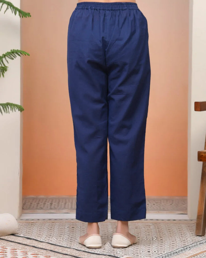 Women Royal Blue Cotton Flax Solid Straight Pants (Set of 5 Pc)
