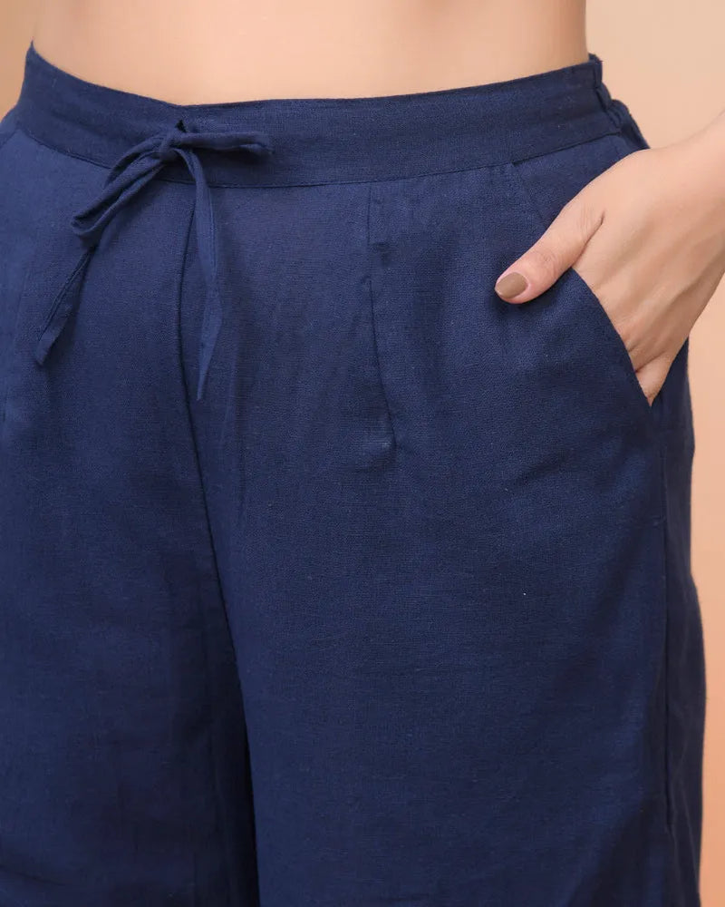 Women Royal Blue Cotton Flax Solid Straight Pants (Set of 5 Pc)