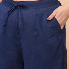 Women Cobalt Blue Cotton Flax Solid Straight Pants (Set of 5 Pc)