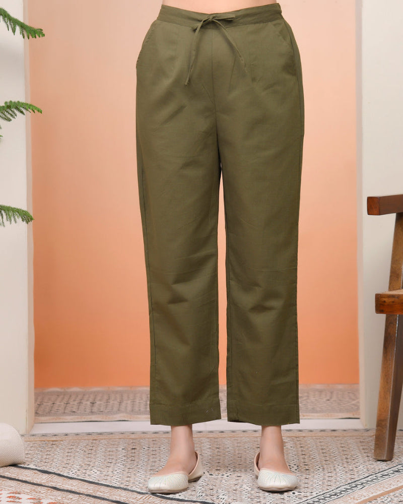 Women Olive Green Cotton Flax Solid Straight Pants (Set of 5 Pc)