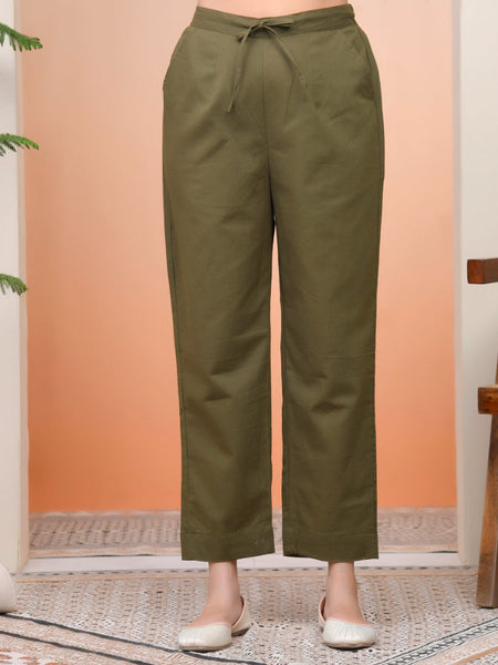 Women Olive Green Cotton Flax Solid Straight Pants (Set of 5 Pc)