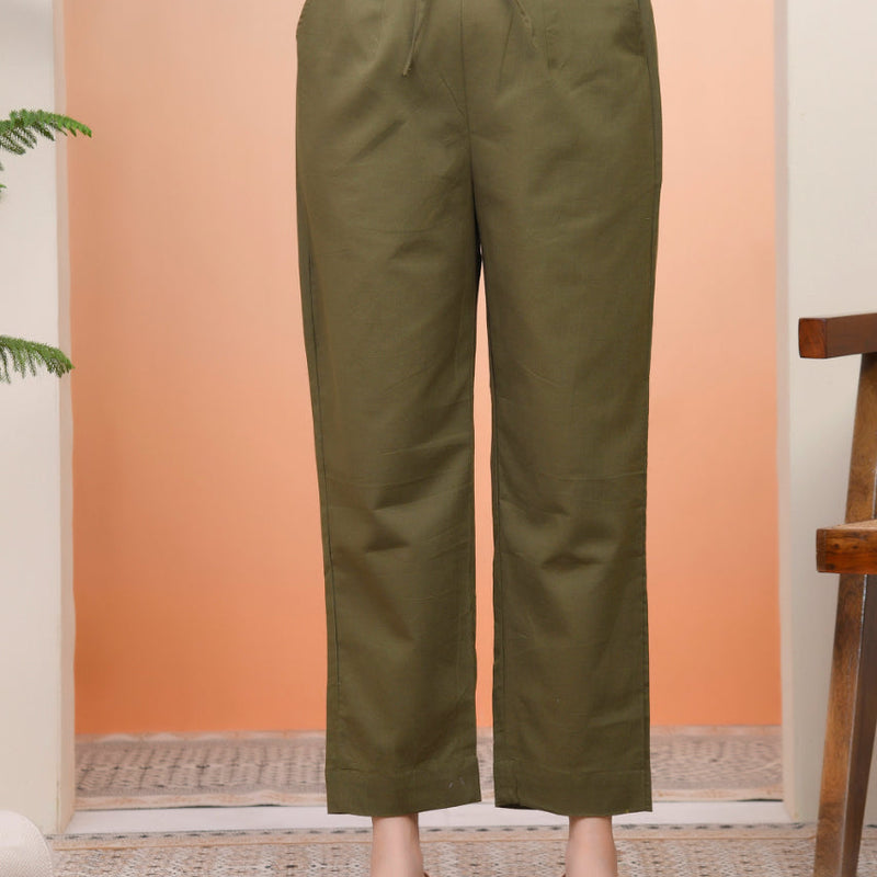 Women Olive Green Cotton Flax Solid Straight Pants (Set of 5 Pc)