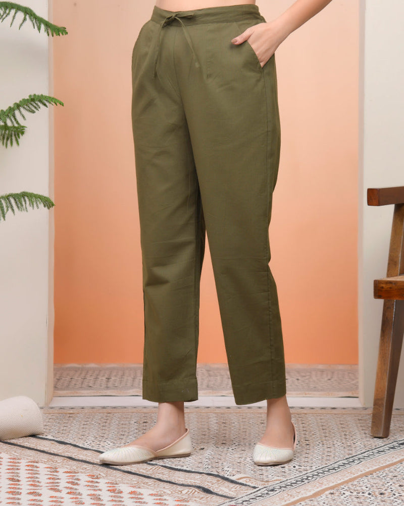 Women Olive Green Cotton Flax Solid Straight Pants (Set of 5 Pc)