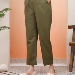 Women Olive Green Cotton Flax Solid Straight Pants (Set of 5 Pc)