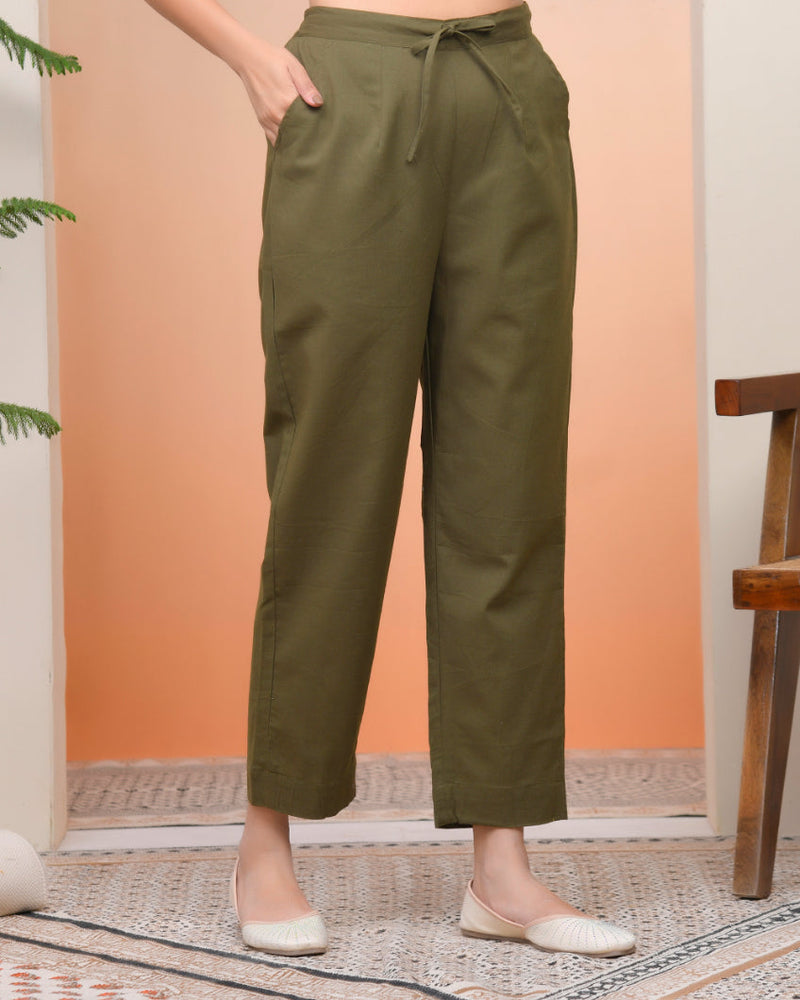 Women Olive Green Cotton Flax Solid Straight Pants (Set of 5 Pc)