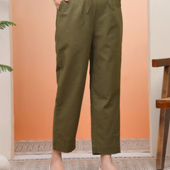 Women Olive Green Cotton Flax Solid Straight Pants (Set of 5 Pc)