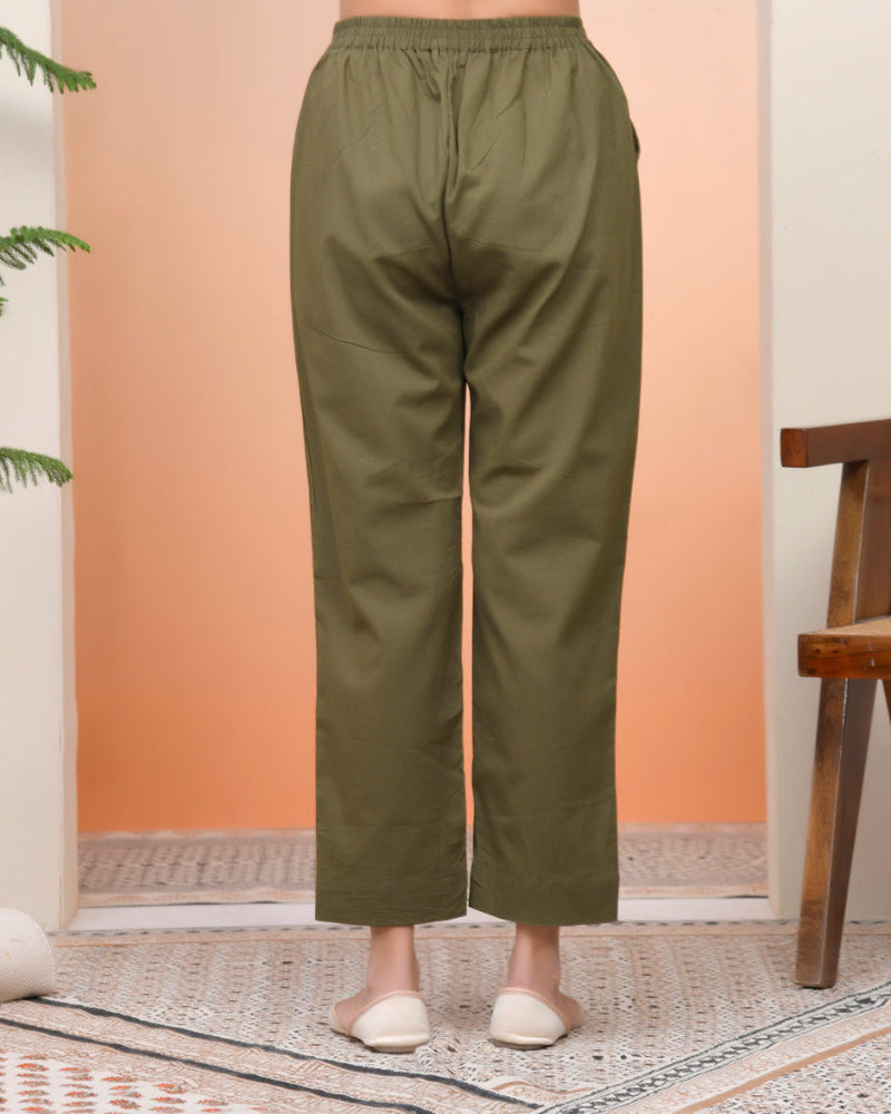 Women Olive Green Cotton Flax Solid Straight Pants (Set of 5 Pc)