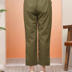 Women Olive Green Cotton Flax Solid Straight Pants (Set of 5 Pc)
