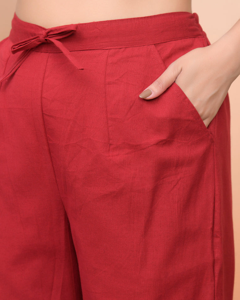 Women Maroon Cotton Solid Straight Pants (Set of 5 Pc)