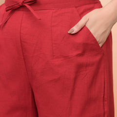 Women Maroon Cotton Solid Straight Pants (Set of 5 Pc)