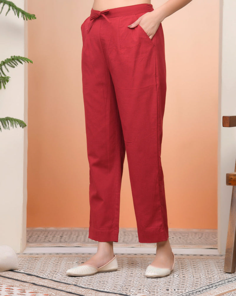 Women Maroon Cotton Solid Straight Pants (Set of 5 Pc)