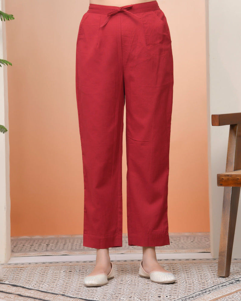 Women Maroon Cotton Solid Straight Pants (Set of 5 Pc)