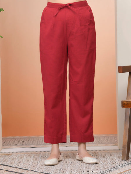 Women Maroon Cotton Solid Straight Pants (Set of 5 Pc)