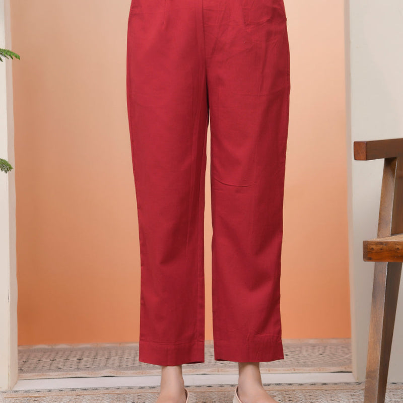 Women Maroon Cotton Solid Straight Pants (Set of 5 Pc)