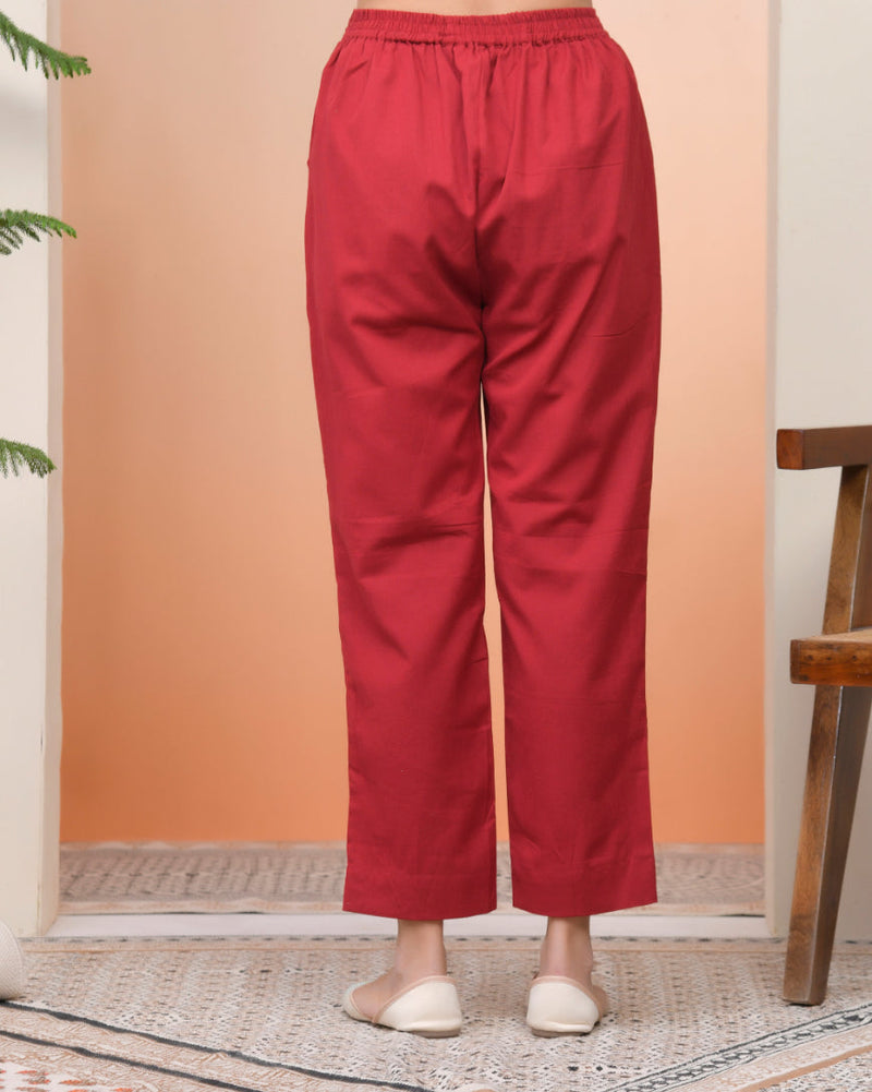 Women Maroon Cotton Solid Straight Pants (Set of 5 Pc)