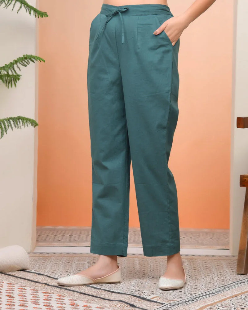 Women Ferozi Cotton Flax Solid Straight Pants (Set of 5 Pc)