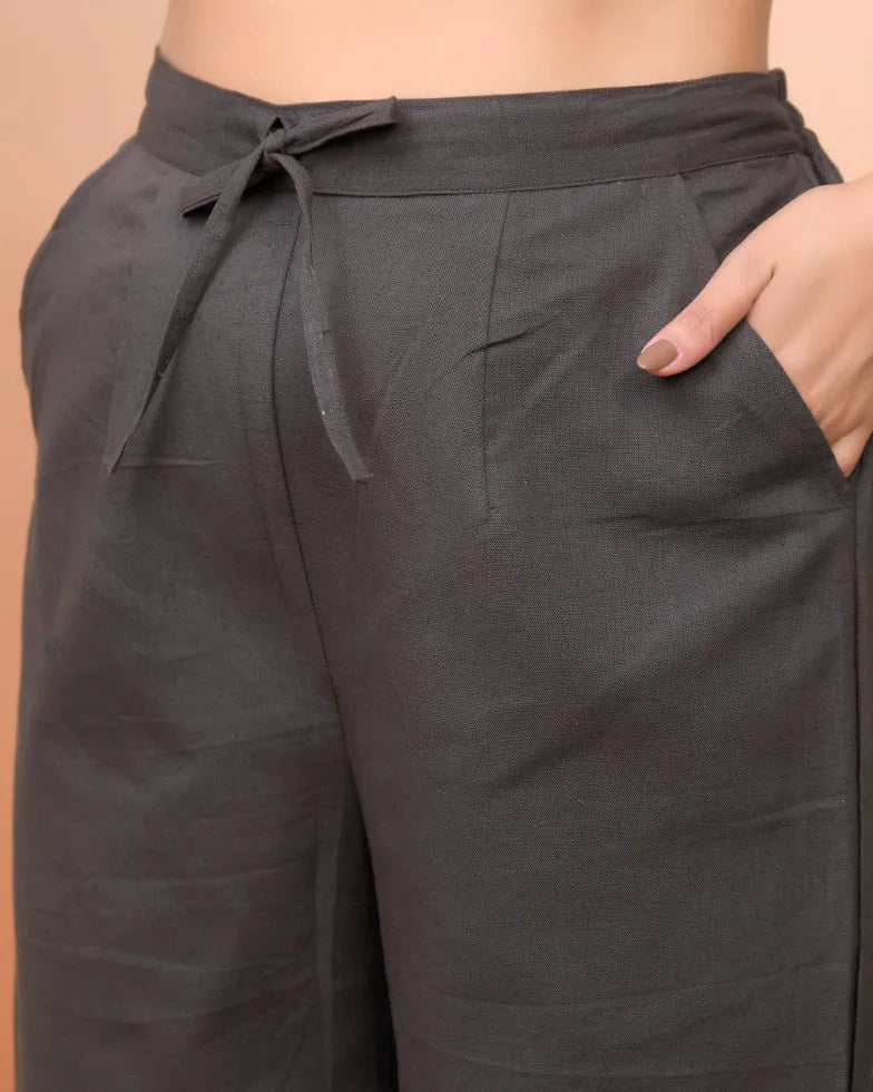 Women Charcoal Cotton Flax Solid Straight Pants (Set of 5 Pc)