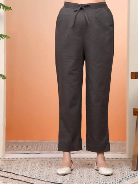 Women Charcoal Cotton Flax Solid Straight Pants (Set of 5 Pc)