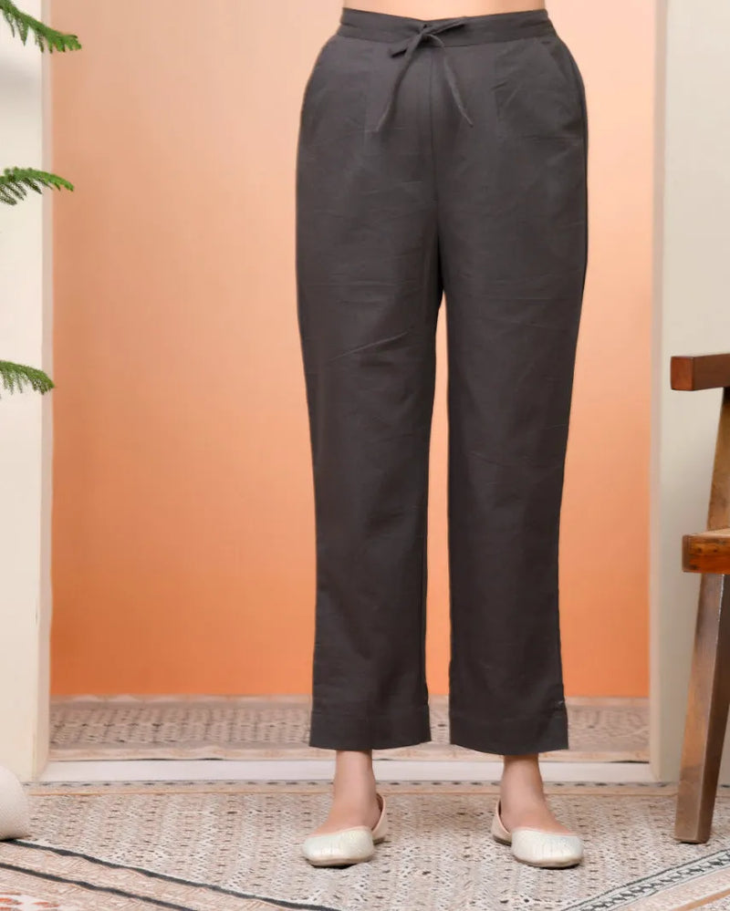 Women Charcoal Cotton Flax Solid Straight Pants (Set of 5 Pc)