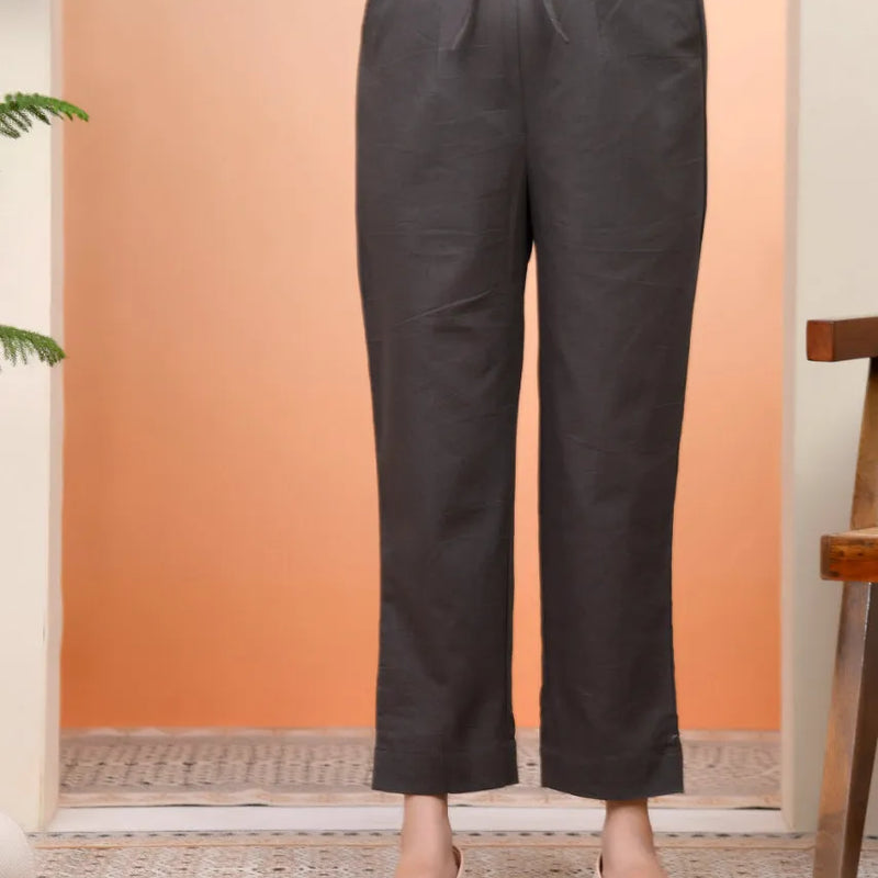 Women Charcoal Cotton Flax Solid Straight Pants (Set of 5 Pc)