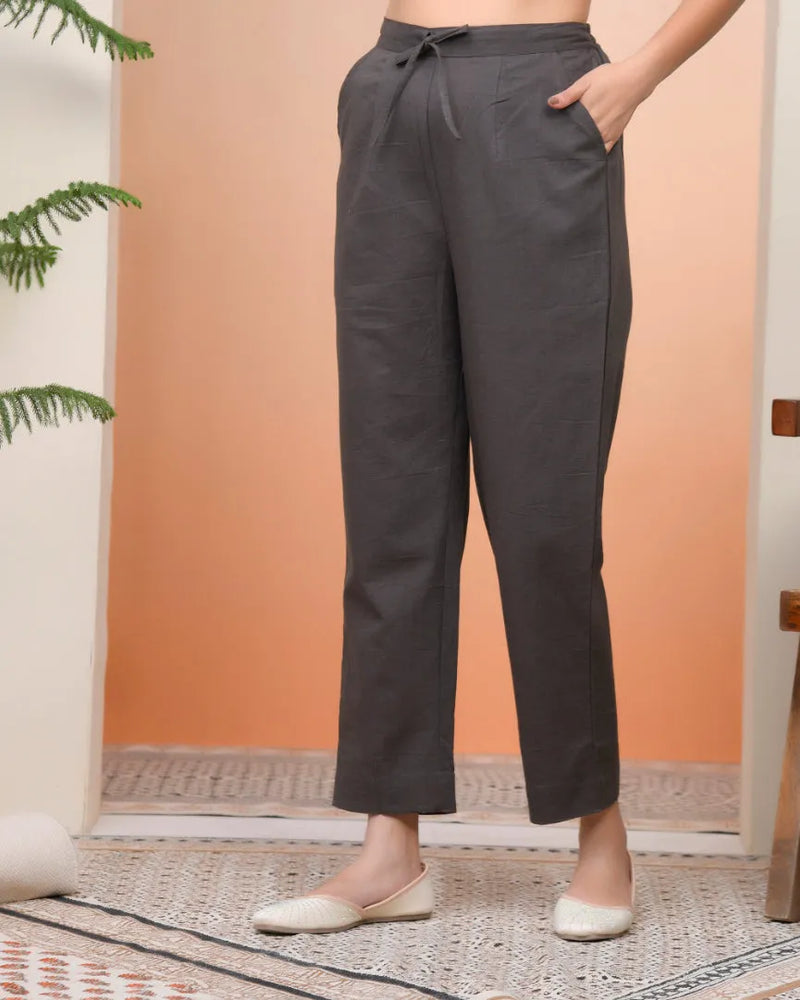 Women Charcoal Cotton Flax Solid Straight Pants (Set of 5 Pc)