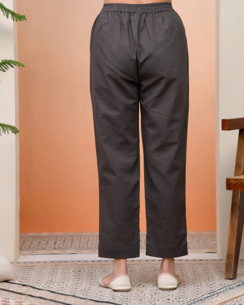 Women Charcoal Cotton Flax Solid Straight Pants (Set of 5 Pc)