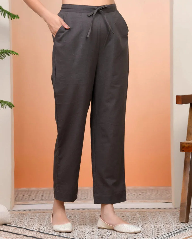 Women Charcoal Cotton Flax Solid Straight Pants (Set of 5 Pc)
